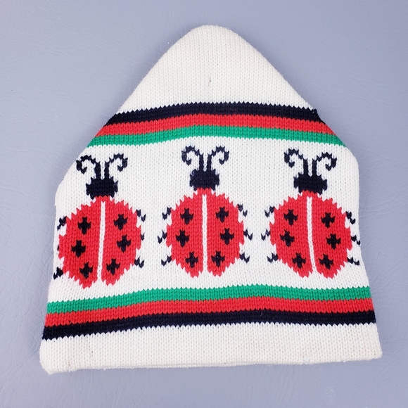 Aris Vintage Wool Ski Hat Ladybugs Cream Navy Winter Knit Hat Made in USA - Picture 2 of 9